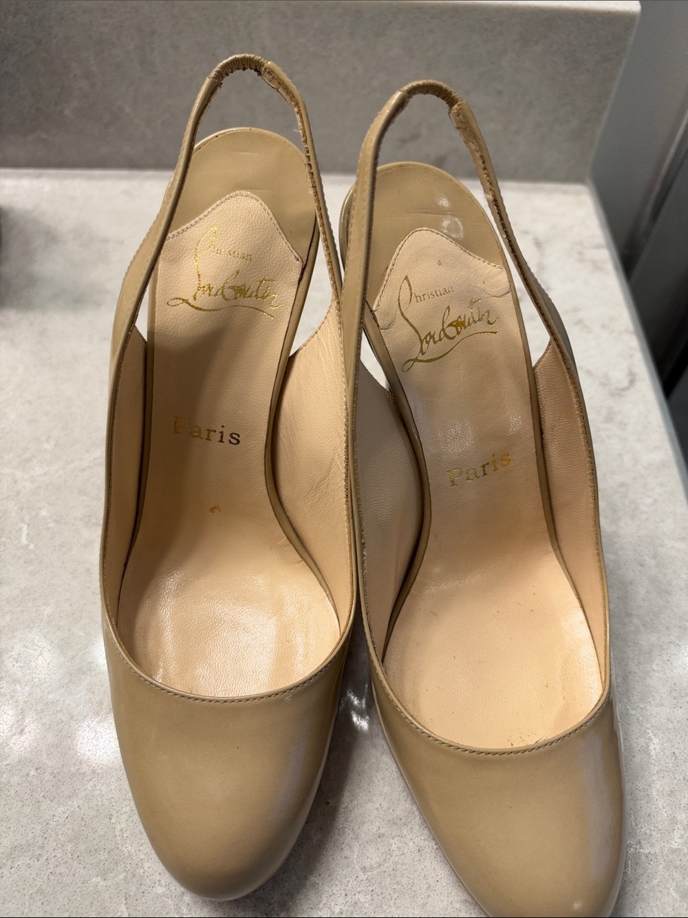 Christian Louboutin Nude Patent Slingback Pumps with Red Soles